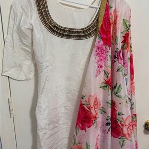 White Salwar Suit with Floral Chunni